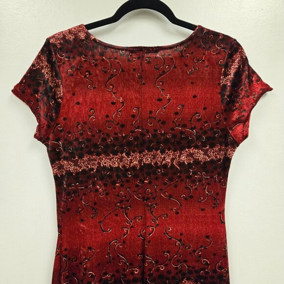Vintage 90's Velvet Women's S Whimsygoth Red Black Floral Pattern Maxi Dress - Picture 8 of 9